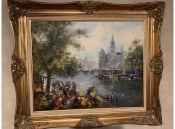 Oil Painting.  Flower Market On River Scene
