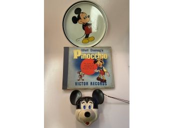 Vintage Mickey Mouse Camera, Pinocchio Victor Record, Tray