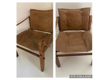 Pair Of Vintage Wood Safari Chairs, Suede Cushions