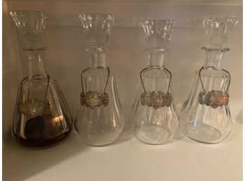 Set Of 4 Decanters With Hanging Tags, Rum, Brandy, Bourbon, Port