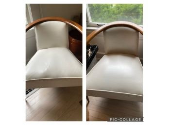 Pair Of Ivory Vinyl & Wood Curved Arm Chairs