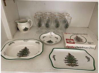 Spode Christmas Tree Platters, Creamer, Goblets