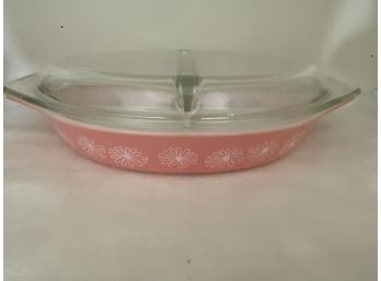 Vintage Pink Daisy Pyrex Divided Casserole  With Lid
