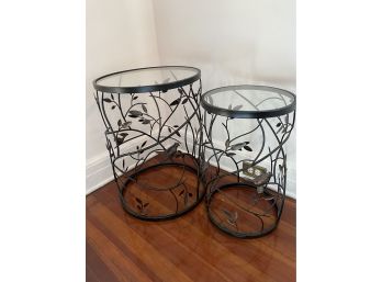 Metal & Glass Barrel Tables With Birds & Leaves