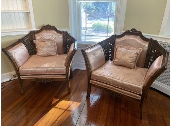 Pair Of Pink Silk Carved Wood Chairs