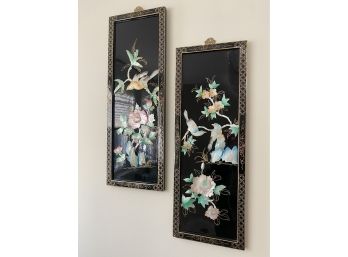 Pair Of Asian Lacquer Panels Mother Of Pearl
