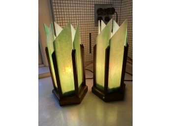 Pair Of Retro Green Glass Lamps