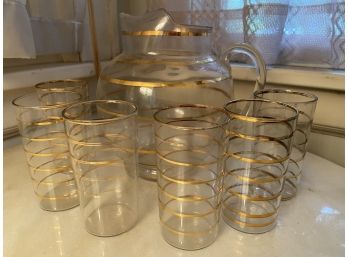 Vintage Glass Gold Striped Pitcher With 6 Matching Tumblers