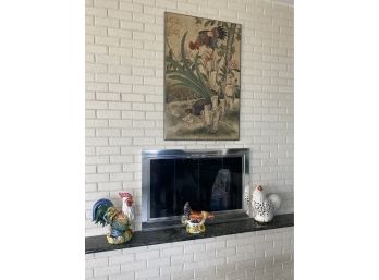 Rooster Wall Hanging And 3 Ceramic Roosters