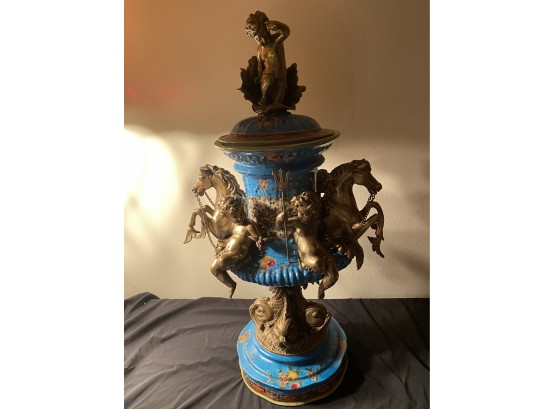 Covered Urn With Brass Cherubs And Horses