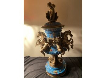 Contemporary Wong Lee WL1895 Covered Urn With Brass Cherubs And Horses