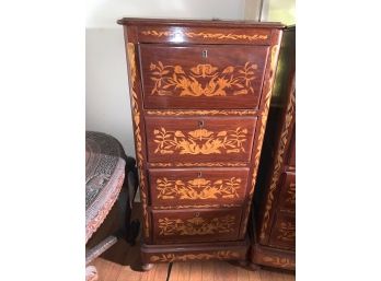 Small Antique Inlaid Wood Chest Of Drawers.