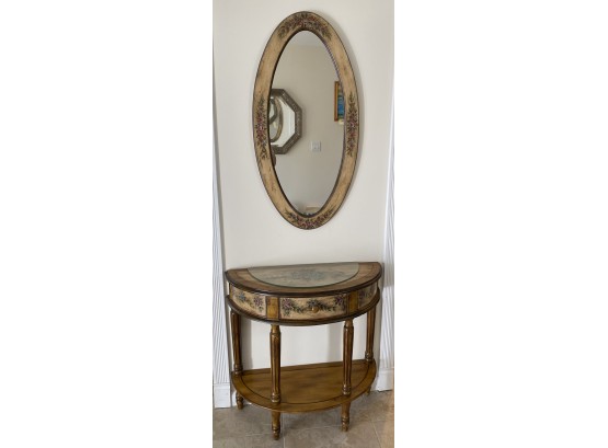 Painted Floral Half Moon Table With Matching Mirror