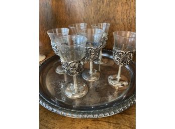 Silver Plate Cordial Glasses On Tray