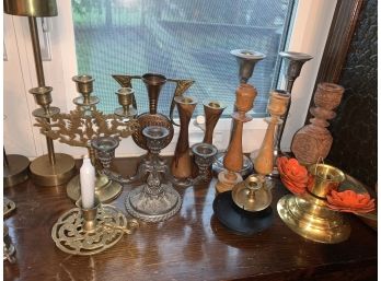 Large Lot Of Metal And Wood Candleholders And Candlesticks
