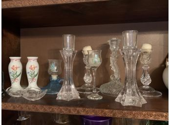 Large Lot Of Glass Candlesticks And Holders