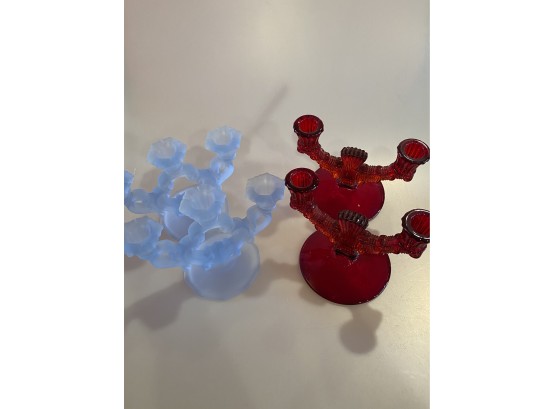 Ruby Red & Frosted Blue Candlestick Holders