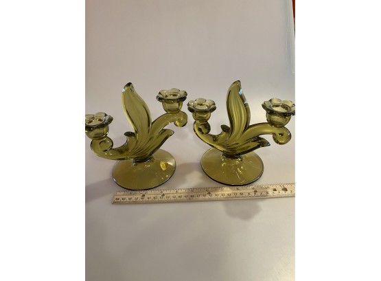 Vintage Green Tiffin Glass Candlestick Holders