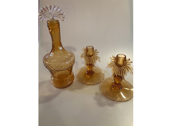 Amber Glass Decanter & Candlestick Holders