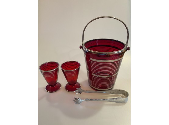 Vintage Ruby Red Striped Ice Bucket And Glasses