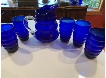 Blue Pitcher With 5 Glasses And Bonus Glasses