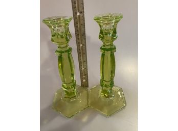 Vintage Green Glass Candlestick Holders