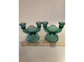 Teal Glass Candlestick Holders