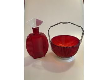 Ruby Red Handled Bowl And Decanter
