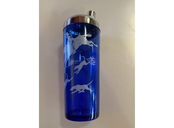 Vintage Cobalt Blue Cocktail Shaker With Horse And Dogs