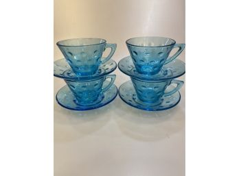Vintage Blue Bubble Glass Teacups & Saucers
