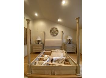 Four Poster King Sized Bed With Custom Upholstered Headboard & Matching Linens