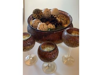 Brown Frosted Bowl & Matching Votive Holders