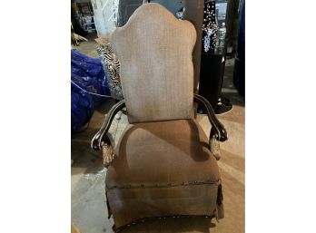 Brown Skirted Accent Chair With Decorative Scroll Back