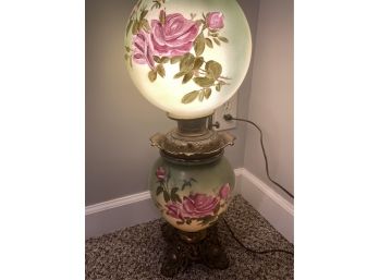 Antique Hurricane Lamp Green With Cranberry Floral