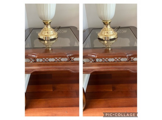 Pair Of Wood With Glass Top End Tables