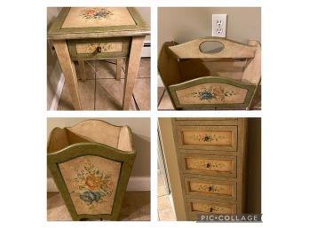 Hand Painted Set, Tall Chest, End Table, Magazine Holder, Umbrella Stand
