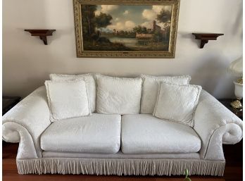 White Sofa & Matching Loveseat Fringe Detailing