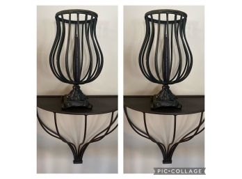 Pair Of Metal Wall Shelves With Wrought Iron Candle Holders