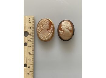 2 Cameo Pendant/pins, 18k Stamped 750 & Sterling Stamped 800