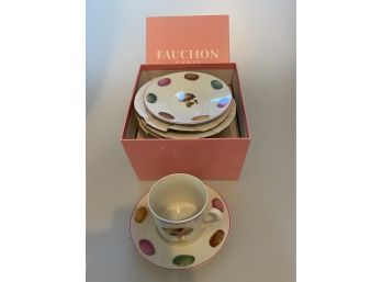 FAUCHON FRENCH MACAROON PARIS FRANCE TEA COFFEE CUP SAUCER SET OF 4