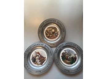 Three Vintage Pewter And Porcelain Plates The Great American Revolution 1776