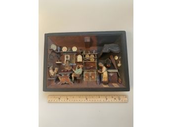 German 3D Wooden Shadow Box Picture Diorama Old Fashioned Farm Kitchen Scene