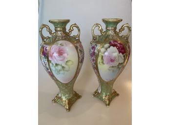 Pair Of Sage & Cranberry Floral Vases