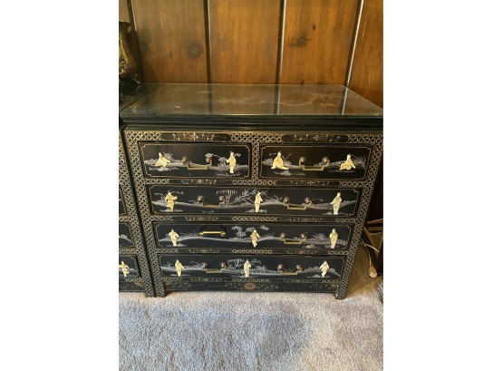 Black Lacquer W/  Mother Of Pearl Asian Chest Glass Top