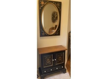 Ethan Allen Handpainted Black Cabinet & Matching Mirror