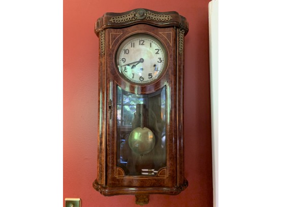 Antique Pendulum Clock With Inlaid Wood, Metal Trim