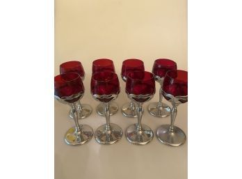 Set Of 8 Chrome & Red Ruby Glass Wine Glasses
