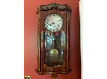Antique Pendulum Clock With Inlaid Wood, Metal Trim