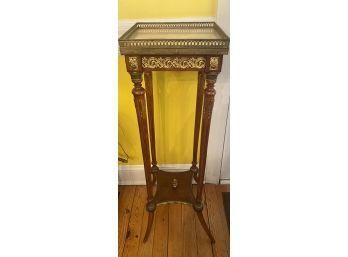 Plant Stand/ Tall Table Wood, Gold Accents, Glass Top With Brass Trim