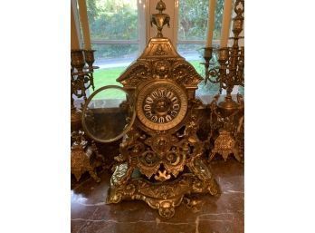 ANTIQUE TABLE CLOCK WITH ROMAN NUMERALS, BRASS, VERY ORNATE